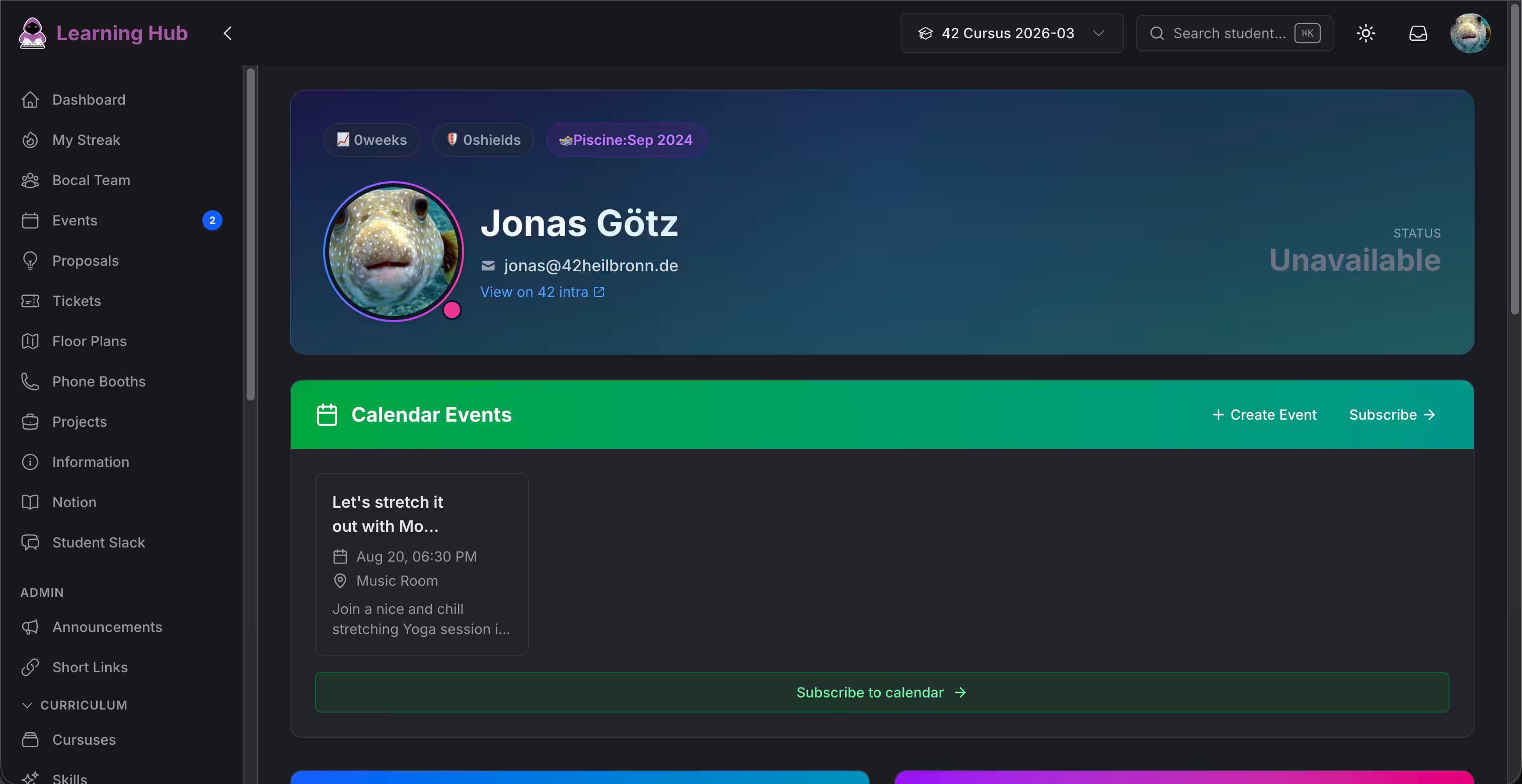 A student dashboard, with the streak counter, cursus selector and campus calendar