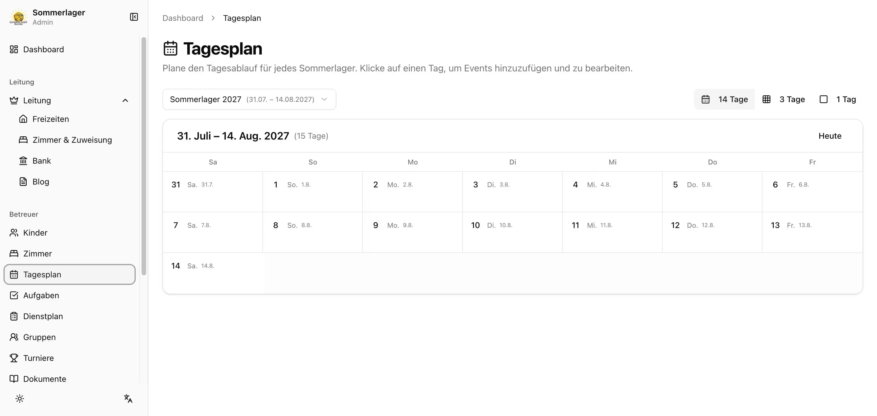 The Tagesplan view, laying out the daily schedule for a two-week camp