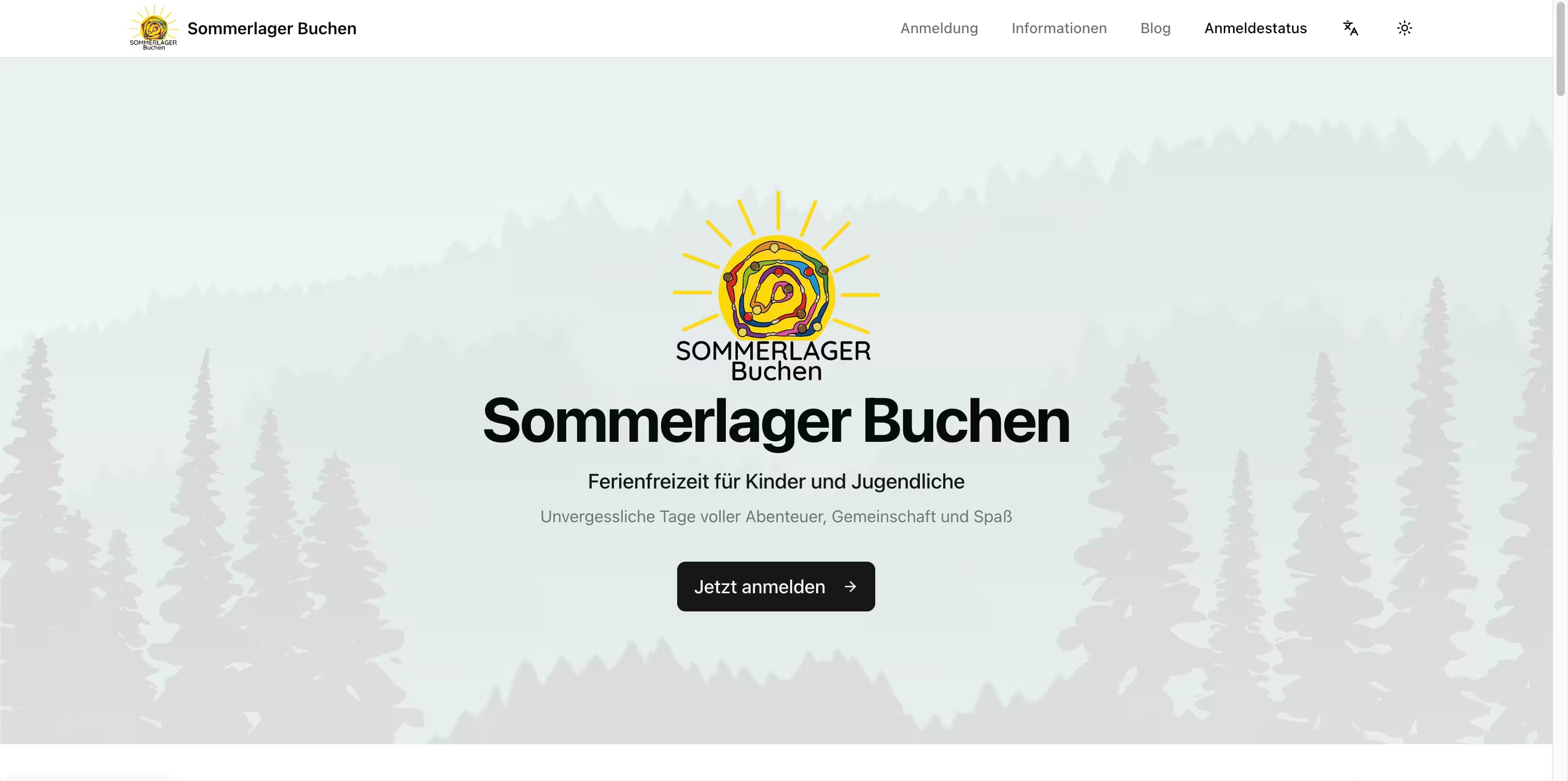 The camp's public homepage, with the registration call to action